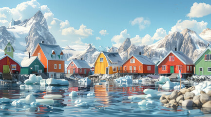 A colorful scene of the Arctic with small houses, snowy mountains and sea in front of it