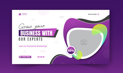 Corporate creative YouTube video thumbnail, social media cover, web banner design, digital marketing agency live video streaming for business promotion on abstract purple and black color shape 