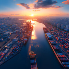 Sunset over the Tariff Gateway: Port Scene of Global Trade - obrazy, fototapety, plakaty