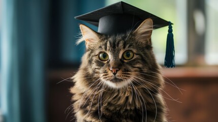 Whimsical and cute tabby cat wearing graduation cap celebrating academic achievement and milestone at educational ceremony indoors - funny and humorous feline portrait looking at camera