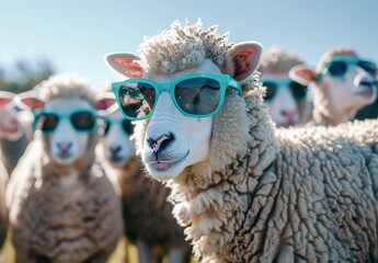 Fototapeta premium A group of sheep wearing teal sunglasses cute and funny
