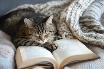 Peaceful tabby cat dozes on a soft bed with an open book, enveloped by a chunky knit blanket, capturing a serene rainy day moment - obrazy, fototapety, plakaty