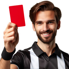 Studio shot photo of referee smile showing a red card to a football, white background PNG