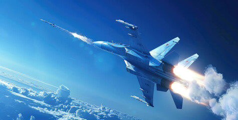 fighter jet, blue sky background, flying in the air and firing missile, with smoke behind it