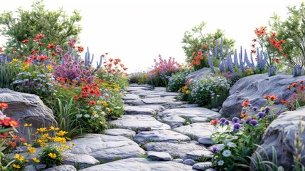 A path lined with colorful flowers and rocks