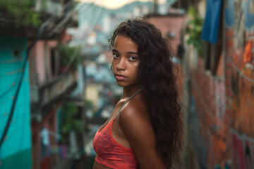 Fototapeta premium Curly-haired Brazilian woman in red camo top overlooking a favela street.