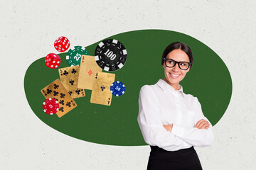 Composite trend artwork sketch photo collage of young confident lady office manager play gambling...