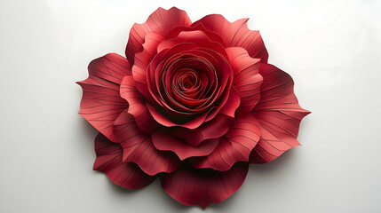 Paper art of a single red rose, with detailed petals cut from red paper, set against a stark white background