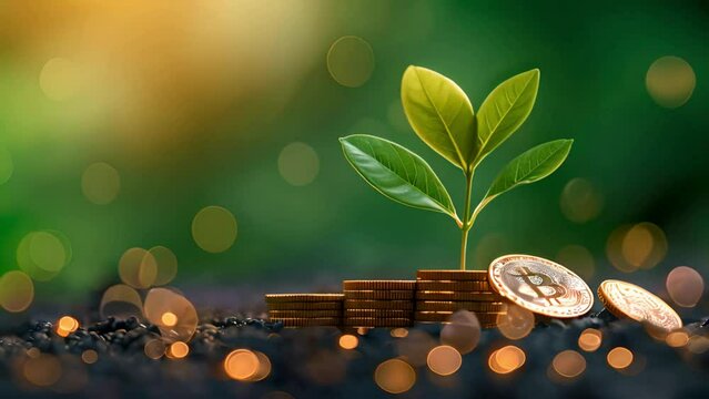 A green plant is growing on a stack of coins and a golden coin with a bitcoin symbol against a bokeh background, representing a business concept for financial growth