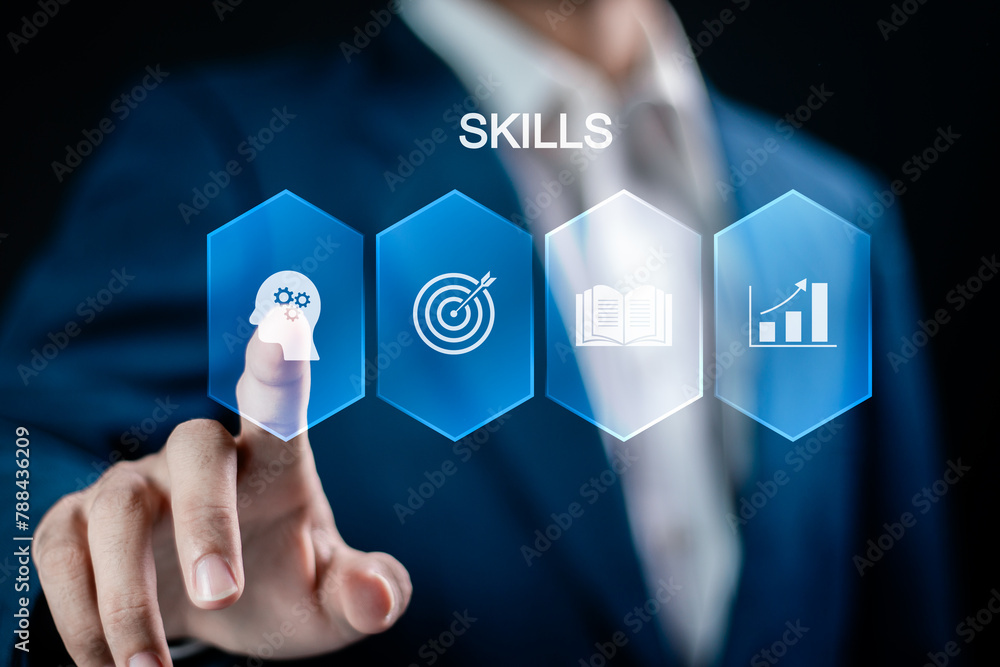Poster skill knowledge ability business concept. work performance is influenced by skills, abilities, and c