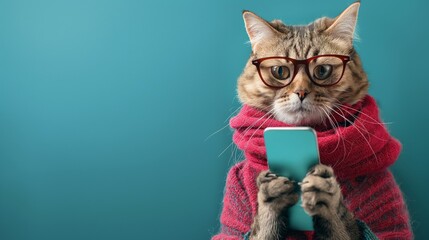 Anthropomorphic cat wearing glasses and scarf, holding smartphone, portraying smart and quirky animal humor in modern digital communication concept