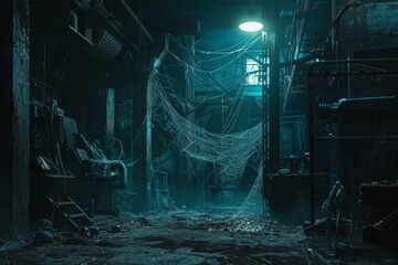 A dark and mysterious image of an abandoned AI robot factory. Cobwebs drape over the machinery, and dust motes dance in the faint light. - obrazy, fototapety, plakaty