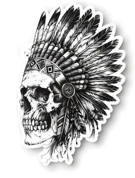 Black and White Illustration of a Skull Wearing an Indian Headdress in a Monochrome Style