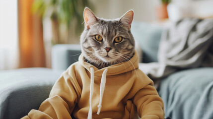 Charming anthropomorphic cat dressed in stylish loungewear relaxing on a sofa