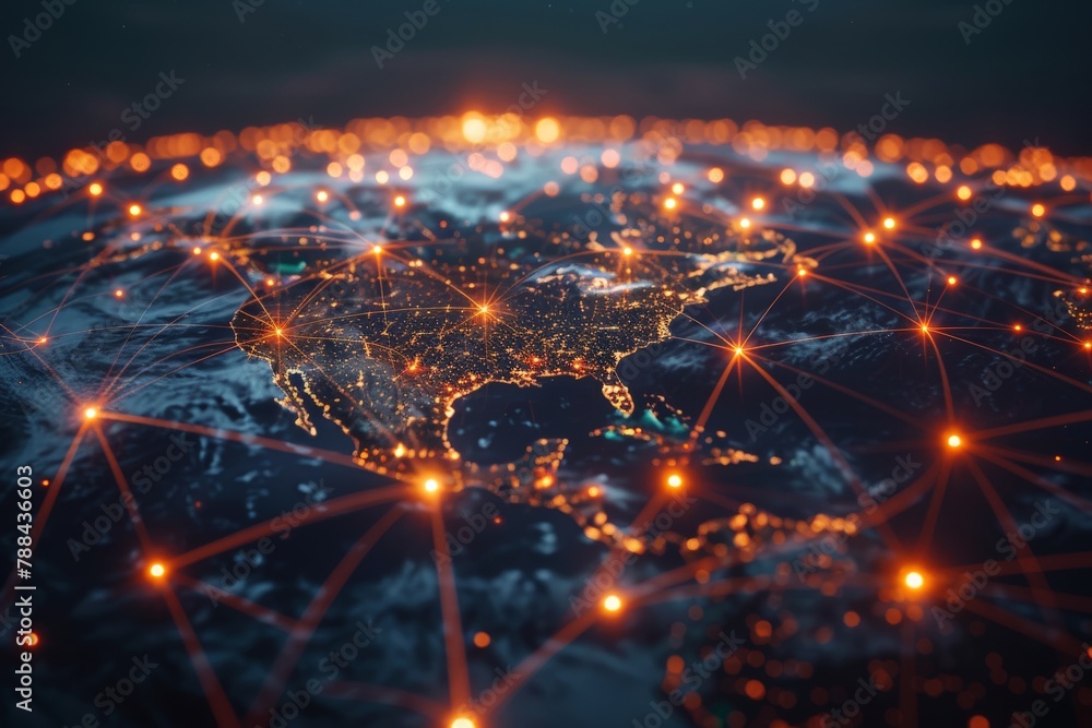 Poster a digital artwork depicting a network of glowing data lines connecting people and devices across the