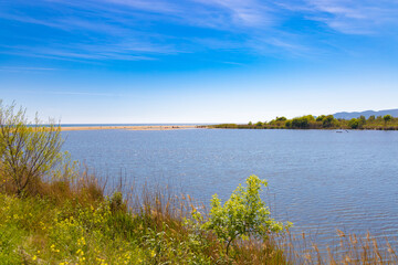 Serena vista de la desembocadura del río Ter en La Gola del Ter, Estartit, bajo un cielo azul de...