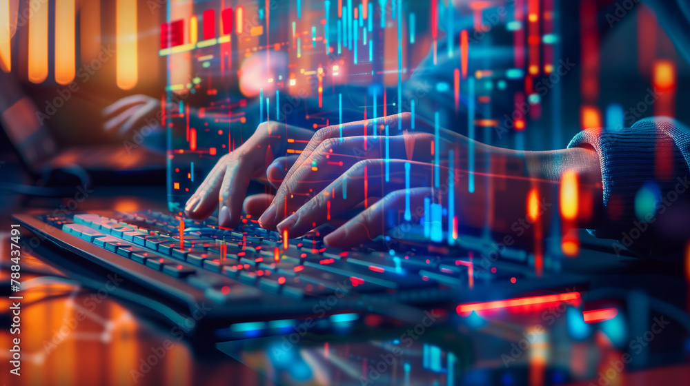 Poster a man is typing on a laptop computer. the screen is filled with code and the man's fingers are movin