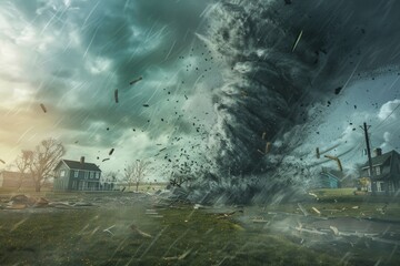 A digital painting of a powerful tornado ripping through a rural landscape, debris flying through the air and houses being torn from their foundations.  - obrazy, fototapety, plakaty