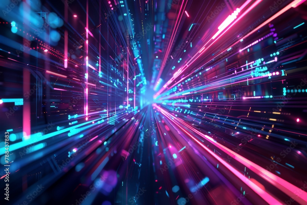 Poster a digital illustration of glowing lines and geometric shapes pulsating rhythmically, creating a sens