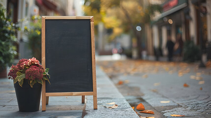 Blank Blackboard on a Cobblestone Street with Autumn Leaves and Potted Flowers