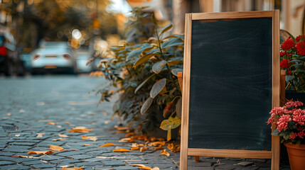 Blank Blackboard on a Cobblestone Street with Autumn Leaves and Potted Flowers