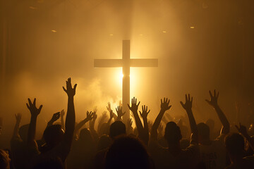 Christian worshipers raising hands up in the air in front of the cross - obrazy, fototapety, plakaty