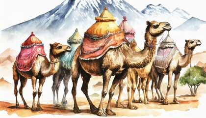 Camels with Bedouin set. Hand drawn watercolor illustration isolated on white background