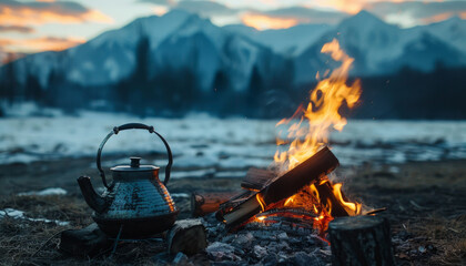 A metal tea kettle sits on a fire in the snow by AI generated image