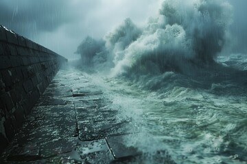 A dramatic scene of a hurricane making landfall, torrential rain lashing down and massive waves crashing against a seawall. - obrazy, fototapety, plakaty