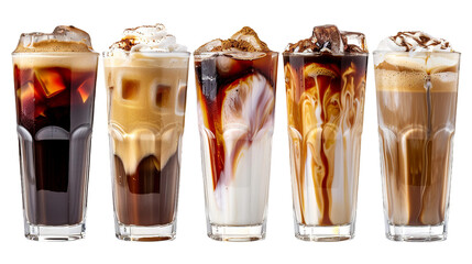 Set of black ice coffee with milk in tall glass on transparent background, perfect for summer refreshment and caffeine boost