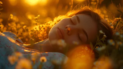 Foto auf Acrylglas A girl sleeps peacefully in a sunset field among flowers and daisies © Darya