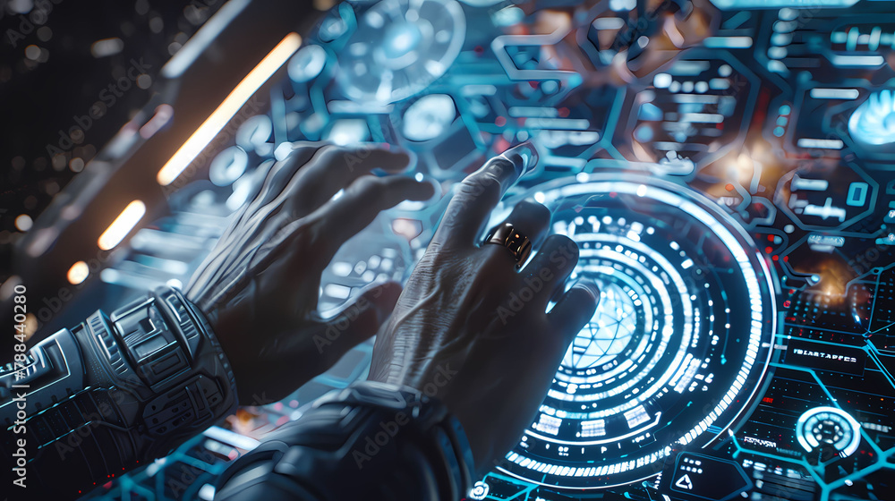 Poster holographic interface showing futuristic user