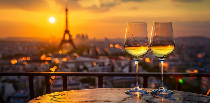 A pair of wine glasses with white wine on a table with a the eiffel tower on the background