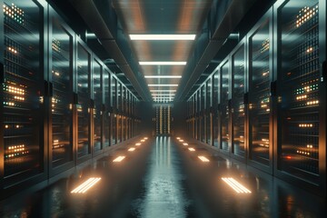 photo of a modern data center vault, filled with rows of servers and blinking lights, safeguarding critical information for businesses and governments.