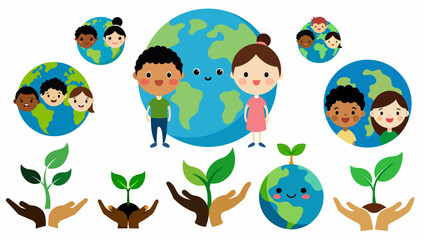 World earth day united humanity symbol set. Happy kids Earth day. Earth day eco art. Happy planet, green sprout. Earth day emoji smiley. African american boy, white girl. Vector on white background