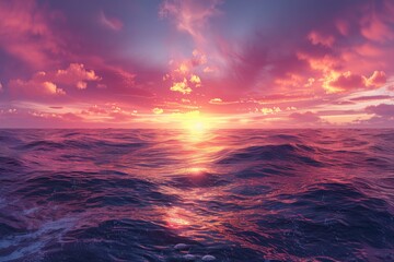 A panoramic view of a vast ocean at sunset, the water ablaze with fiery oranges, pinks, and purples.