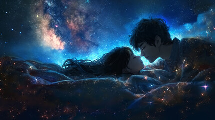 a couple of lovers lies under the starry sky and kisses, a man and a girl enjoy each other's company under the stars