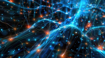 Digital neural pathways intertwined with glowing data streams