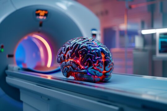 A photo of a brain being scanned in an fMRI machine, pulsating with vibrant colors to represent different areas of activity.