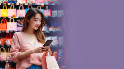 Beautiful Asian woman shopping online with mobile phone on banner background .