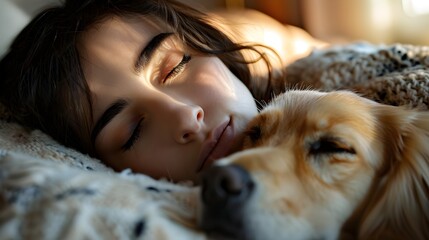 a girl sleeps with her beloved pet dog, a girl hugs her dog in a dream, a dog cuddles up to a...