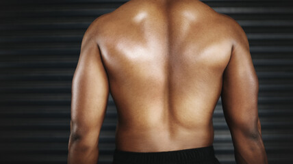 Rear view, person and back for muscles, fitness and physical strength for workout and bodybuilding....