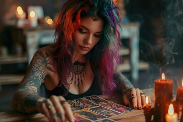 Fototapeta premium Young Tattooed woman with color painted hair performing a tarot reading by candlelight in an atmospheric setting.