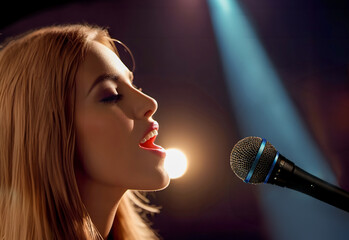 Close up of a female song artist on stage with spotlights in background. - 788441878