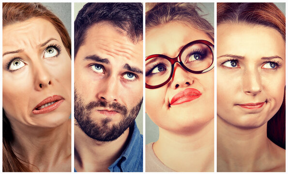 Group of doubtful funny looking three women and a man 