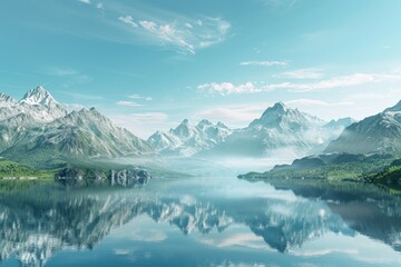 A photo of a tranquil lake reflecting a majestic mountain range under a clear blue sky. - obrazy, fototapety, plakaty