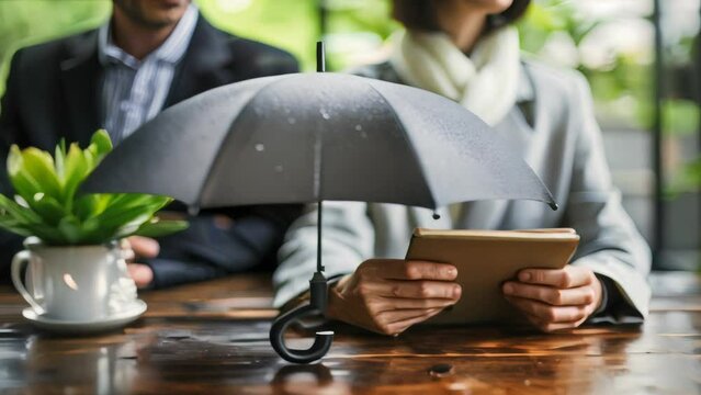 Businessman and businesswoman with umbrella at wooden table.  