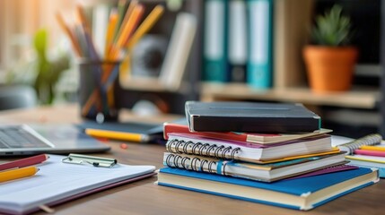 A stack of textbooks and notebooks on a desk, symbolizing academic readiness. 