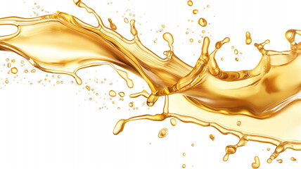 Close-up photo of splash golden oil on a white background.