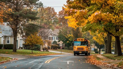 Obraz premium A school bus driving through a neighborhood, ready to pick up students. 